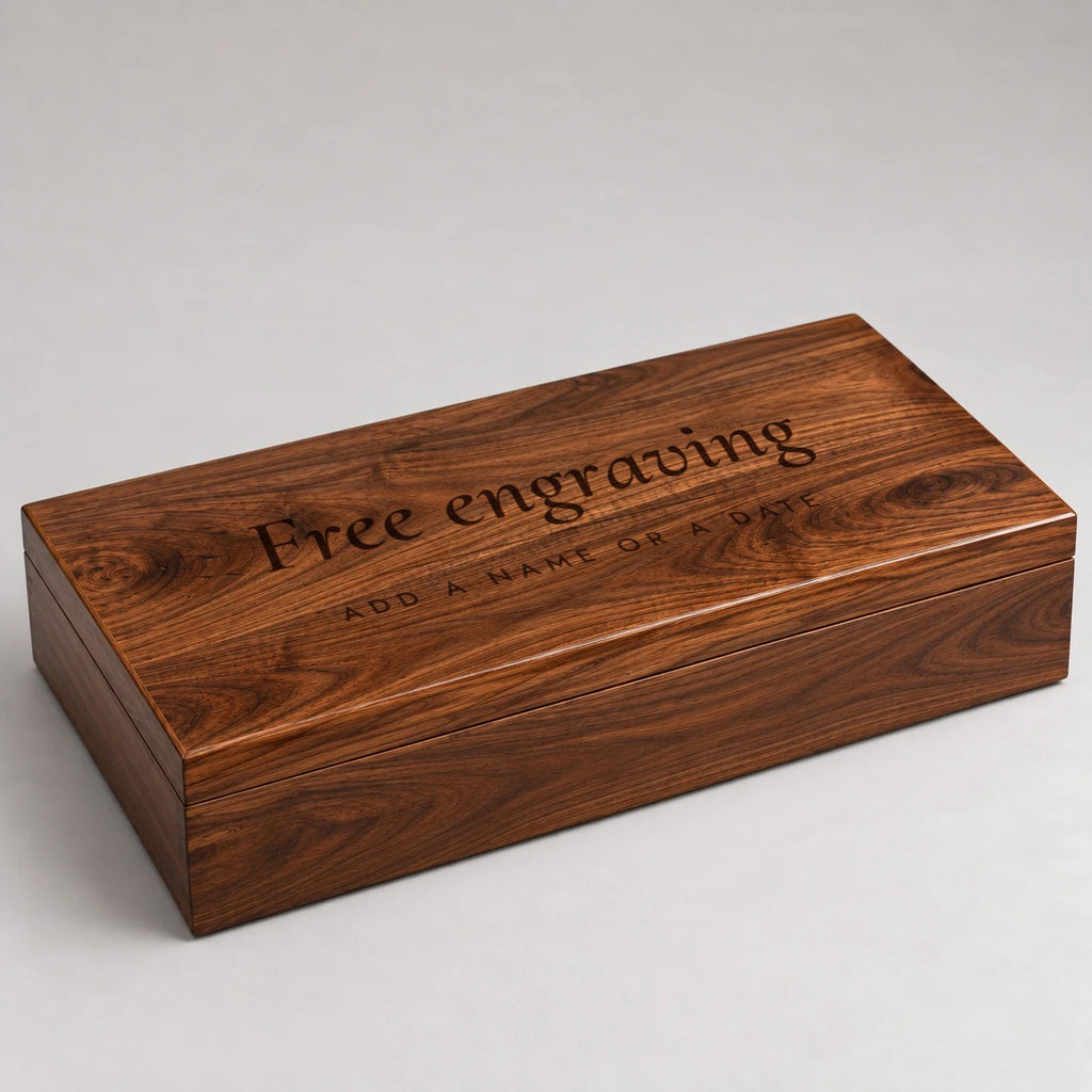 Closed wooden gift box with free laser engraving on the lid