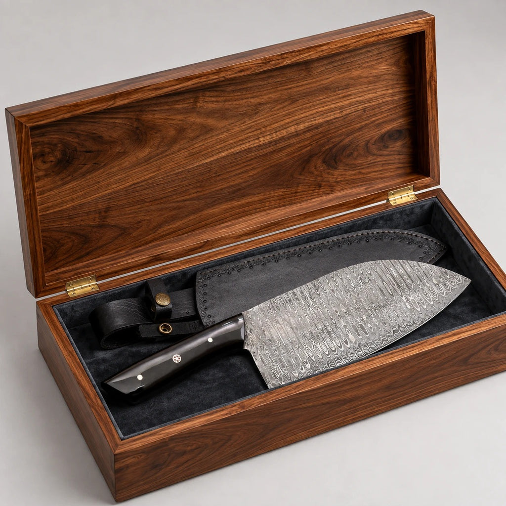 Open sheesham wood gift box with charcoal velvet lining holding a Damascus kitchen cleaver and leather sheath